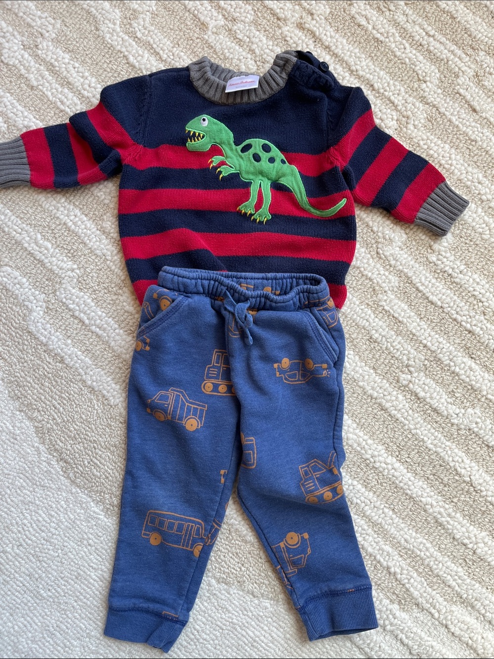 Hanna Andersson Striped Dinosaur Knit Sweater & Carters Blue Vehicle Joggers Set